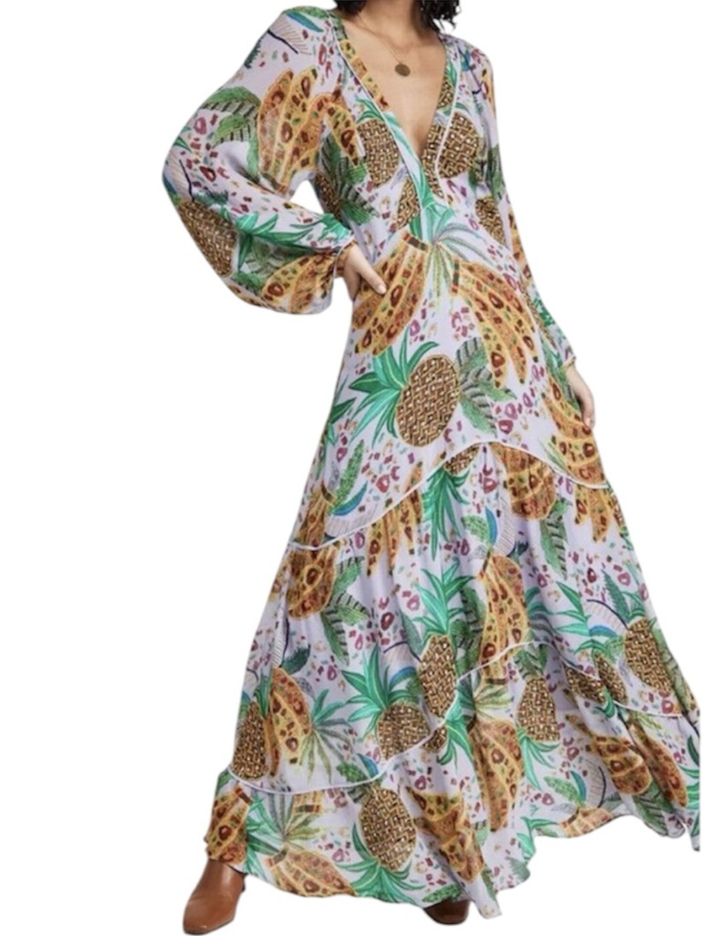 Farm rio lilac mixed fruits v-neck long sleeve maxi dress size Large